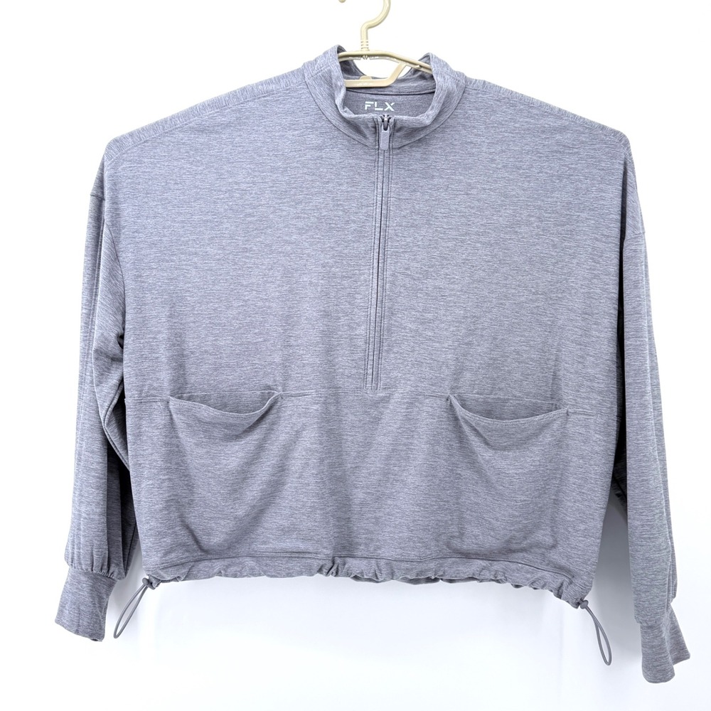 FLX Quarter Zip Pullover Womens Medium Gray Travel Leisure Boxy Drawstring Crop - Picture 2 of 10